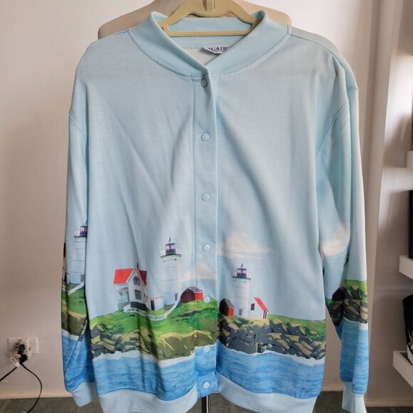 VINTAGE Blair Women’s Long Blue Light Houses Cardigan Sweater (Size: Medium) - Picture 5 of 16